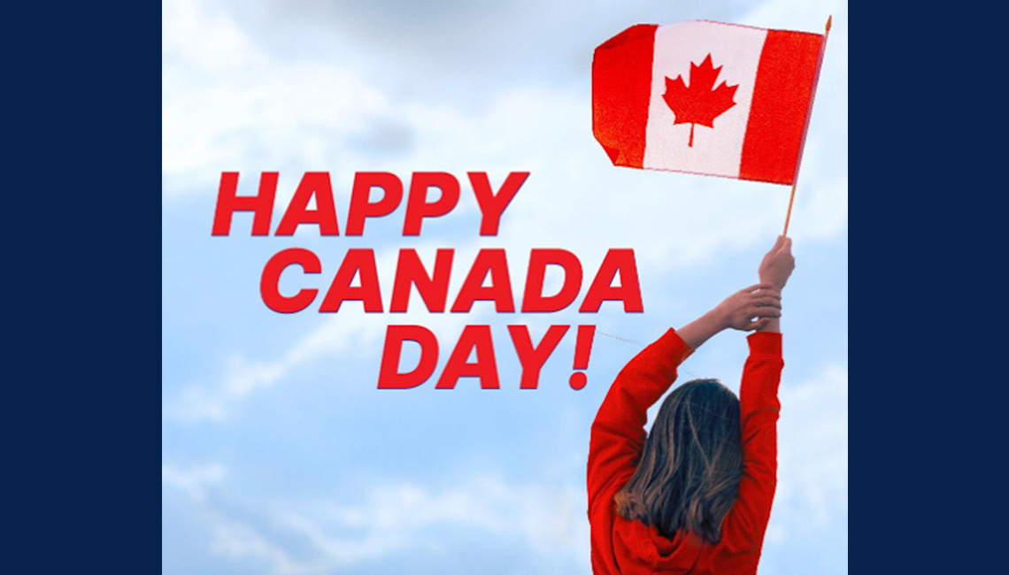 The girl is handing a Canadian Flag and the text beside says "Happy Canada Day"